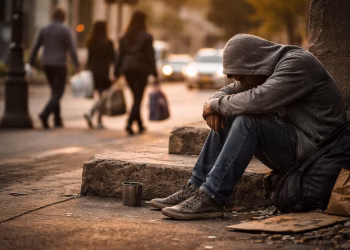 Pria duduk sendirian di jalanan kota dengan kondisi sederhana menggambarkan kemiskinan dan ketimpangan sosial