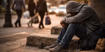 Pria duduk sendirian di jalanan kota dengan kondisi sederhana menggambarkan kemiskinan dan ketimpangan sosial