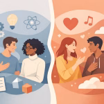 Ilustrasi orang-orang dengan kepribadian berbeda yang terbagi antara logika dan emosi