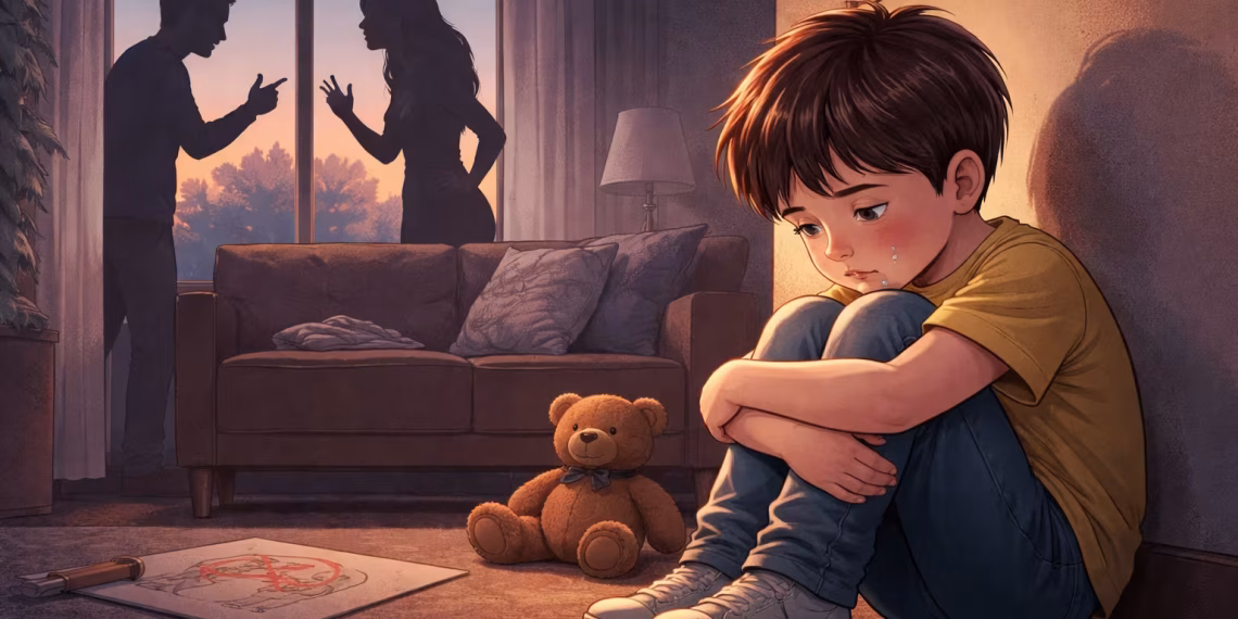 Lonely boy in a dimly lit room