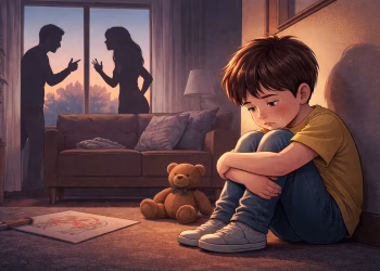 Lonely boy in a dimly lit room