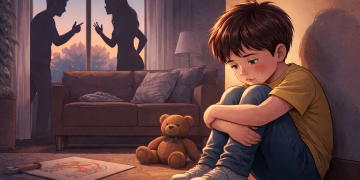 Lonely boy in a dimly lit room