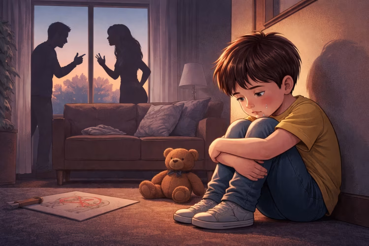 Lonely boy in a dimly lit room