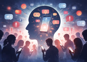 Ilustrasi pengaruh media sosial terhadap prasangka dan penyebaran informasi di era digital