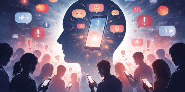 Ilustrasi pengaruh media sosial terhadap prasangka dan penyebaran informasi di era digital