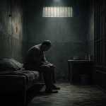 Solitary man in cold prison cell