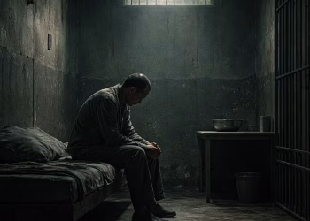 Solitary man in cold prison cell