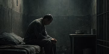 Solitary man in cold prison cell