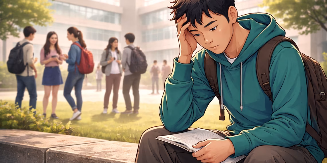 Mahasiswa duduk sendiri di lingkungan kampus dengan ekspresi cemas sementara mahasiswa lain berlalu di belakangnya