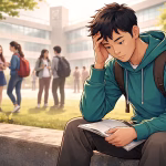 Mahasiswa duduk sendiri di lingkungan kampus dengan ekspresi cemas sementara mahasiswa lain berlalu di belakangnya