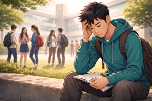 Mahasiswa duduk sendiri di lingkungan kampus dengan ekspresi cemas sementara mahasiswa lain berlalu di belakangnya