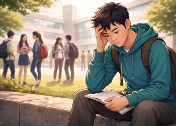 Mahasiswa duduk sendiri di lingkungan kampus dengan ekspresi cemas sementara mahasiswa lain berlalu di belakangnya