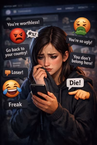 Ilustrasi korban perempuan mengalami tekanan dan diskriminasi akibat pelecehan seksual di media sosial