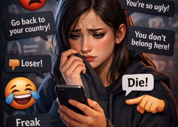 Ilustrasi korban perempuan mengalami tekanan dan diskriminasi akibat pelecehan seksual di media sosial