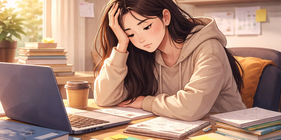 Mahasiswa terlihat lelah di depan laptop akibat tekanan akademik dan burnout