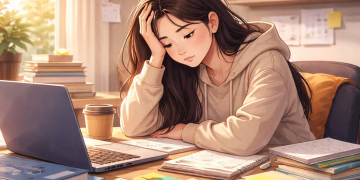 Mahasiswa terlihat lelah di depan laptop akibat tekanan akademik dan burnout