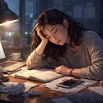 Mahasiswa perempuan kelelahan tertidur di meja belajar dengan buku dan laptop menyala, menggambarkan burnout dan tekanan akademik di malam hari.