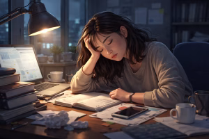 Mahasiswa perempuan kelelahan tertidur di meja belajar dengan buku dan laptop menyala, menggambarkan burnout dan tekanan akademik di malam hari.