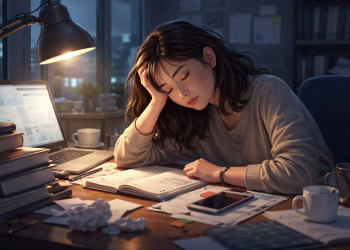 Mahasiswa perempuan kelelahan tertidur di meja belajar dengan buku dan laptop menyala, menggambarkan burnout dan tekanan akademik di malam hari.