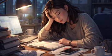 Mahasiswa perempuan kelelahan tertidur di meja belajar dengan buku dan laptop menyala, menggambarkan burnout dan tekanan akademik di malam hari.