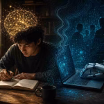 Ilustrasi konseptual seorang pria menulis dengan tangan di meja kayu, berhadapan dengan dunia kecerdasan buatan digital yang futuristik sebagai simbol pertarungan antara kreativitas manusia dan ketergantungan pada AI.