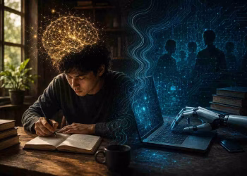 Ilustrasi konseptual seorang pria menulis dengan tangan di meja kayu, berhadapan dengan dunia kecerdasan buatan digital yang futuristik sebagai simbol pertarungan antara kreativitas manusia dan ketergantungan pada AI.