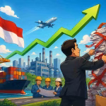 Ilustrasi kartun deregulasi ekonomi Indonesia dengan simbol industri, ekspor, investasi asing, dan pertumbuhan ekonomi.