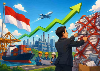 Ilustrasi kartun deregulasi ekonomi Indonesia dengan simbol industri, ekspor, investasi asing, dan pertumbuhan ekonomi.