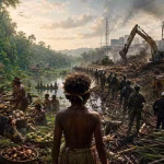 Ilustrasi sinematik tentang masyarakat adat Papua yang berhadapan dengan deforestasi, alat berat, aparat keamanan, dan industrialisasi di kawasan hutan tropis.
