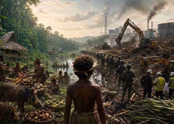 Ilustrasi sinematik tentang masyarakat adat Papua yang berhadapan dengan deforestasi, alat berat, aparat keamanan, dan industrialisasi di kawasan hutan tropis.