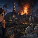Ilustrasi kartun suasana malam saat ledakan reaktor nuklir Chernobyl dengan kobaran api besar, petugas hazmat, warga dievakuasi, tenaga medis menangani korban radiasi, serta seorang perempuan berduka memegang foto suaminya di kota Pripyat.