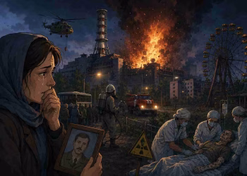 Ilustrasi kartun suasana malam saat ledakan reaktor nuklir Chernobyl dengan kobaran api besar, petugas hazmat, warga dievakuasi, tenaga medis menangani korban radiasi, serta seorang perempuan berduka memegang foto suaminya di kota Pripyat.