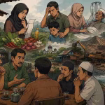 Ilustrasi kartun suasana warung kopi di Aceh dengan masyarakat yang tampak berdiskusi serius tentang ekonomi, lingkungan, kesehatan, dan masa depan sosial daerah.