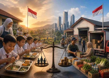 Anak-anak sekolah menikmati makanan bergizi di satu sisi, sementara aktivitas distribusi hasil pangan dan koperasi berlangsung di sisi lain, dengan timbangan di tengah melambangkan keseimbangan antara kesejahteraan sosial dan ekonomi.